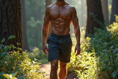 Hot & Sexy Men in the Woods Hiking. A digital art AI generated photograph of a beautiful man,handsome shirtless,and muscular,hiking on a trail in a beautiful forest with large redwood trees.