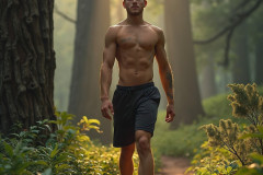 Hot & Sexy Men in the Woods Hiking. A digital art AI generated photograph of a beautiful man,handsome shirtless,and muscular,hiking on a trail in a beautiful forest with large redwood trees.