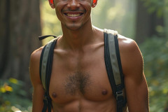 Hot & Sexy Men in the Woods Hiking. A digital art AI generated photograph of a beautiful man,handsome shirtless,and muscular,hiking on a trail in a beautiful forest with large redwood trees.