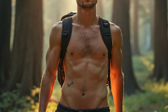 Hot & Sexy Men in the Woods Hiking. A digital art AI generated photograph of a beautiful man,handsome shirtless,and muscular,hiking on a trail in a beautiful forest with large redwood trees.