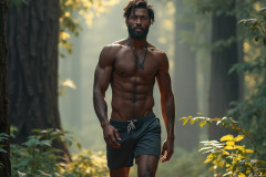 Hot & Sexy Men in the Woods Hiking. A digital art AI generated photograph of a beautiful man,handsome shirtless,and muscular,hiking on a trail in a beautiful forest with large redwood trees.