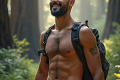 Hot & Sexy Men in the Woods Hiking. A digital art AI generated photograph of a beautiful man,handsome shirtless,and muscular,hiking on a trail in a beautiful forest with large redwood trees.