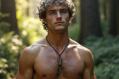 Hot & Sexy Men in the Woods Hiking. A digital art AI generated photograph of a beautiful man,handsome shirtless,and muscular,hiking on a trail in a beautiful forest with large redwood trees.