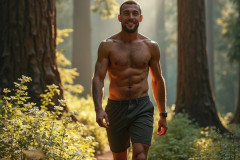 Hot & Sexy Men in the Woods Hiking. A digital art AI generated photograph of a beautiful man,handsome shirtless,and muscular,hiking on a trail in a beautiful forest with large redwood trees.