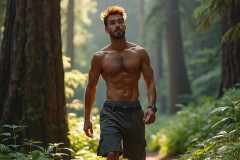 Hot & Sexy Men in the Woods Hiking. A digital art AI generated photograph of a beautiful man,handsome shirtless,and muscular,hiking on a trail in a beautiful forest with large redwood trees.