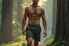 Hot & Sexy Men in the Woods Hiking. A digital art AI generated photograph of a beautiful man,handsome shirtless,and muscular,hiking on a trail in a beautiful forest with large redwood trees.