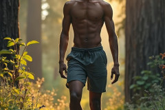 Hot & Sexy Men in the Woods Hiking. A digital art AI generated photograph of a beautiful man,handsome shirtless,and muscular,hiking on a trail in a beautiful forest with large redwood trees.