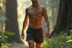Hot & Sexy Men in the Woods Hiking. A digital art AI generated photograph of a beautiful man,handsome shirtless,and muscular,hiking on a trail in a beautiful forest with large redwood trees.