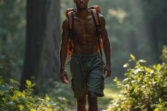 Hot & Sexy Men in the Woods Hiking. A digital art AI generated photograph of a beautiful man,handsome shirtless,and muscular,hiking on a trail in a beautiful forest with large redwood trees.