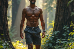 Hot & Sexy Men in the Woods Hiking. A digital art AI generated photograph of a beautiful man,handsome shirtless,and muscular,hiking on a trail in a beautiful forest with large redwood trees.