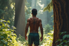 Hot & Sexy Men in the Woods Hiking. A digital art AI generated photograph of a beautiful man,handsome shirtless,and muscular,hiking on a trail in a beautiful forest with large redwood trees.