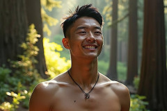 Hot & Sexy Men in the Woods Hiking. A digital art AI generated photograph of a beautiful man,handsome shirtless,and muscular,hiking on a trail in a beautiful forest with large redwood trees.