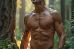 Hot & Sexy Men in the Woods Hiking. A digital art AI generated photograph of a beautiful man,handsome shirtless,and muscular,hiking on a trail in a beautiful forest with large redwood trees.