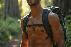 Hot & Sexy Men in the Woods Hiking. A digital art AI generated photograph of a beautiful man,handsome shirtless,and muscular,hiking on a trail in a beautiful forest with large redwood trees.