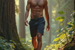 Hot & Sexy Men in the Woods Hiking. A digital art AI generated photograph of a beautiful man,handsome shirtless,and muscular,hiking on a trail in a beautiful forest with large redwood trees.