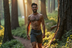 Hot & Sexy Men in the Woods Hiking. A digital art AI generated photograph of a beautiful man,handsome shirtless,and muscular,hiking on a trail in a beautiful forest with large redwood trees.