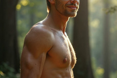 Hot & Sexy Men in the Woods Hiking. A digital art AI generated photograph of a beautiful man,handsome shirtless,and muscular,hiking on a trail in a beautiful forest with large redwood trees.