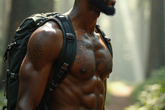 Hot & Sexy Men in the Woods Hiking. A digital art AI generated photograph of a beautiful man,handsome shirtless,and muscular,hiking on a trail in a beautiful forest with large redwood trees.