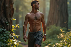 Hot & Sexy Men in the Woods Hiking. A digital art AI generated photograph of a beautiful man,handsome shirtless,and muscular,hiking on a trail in a beautiful forest with large redwood trees.