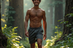 Hot & Sexy Men in the Woods Hiking. A digital art AI generated photograph of a beautiful man,handsome shirtless,and muscular,hiking on a trail in a beautiful forest with large redwood trees.