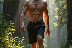 Hot & Sexy Men in the Woods Hiking. A digital art AI generated photograph of a beautiful man,handsome shirtless,and muscular,hiking on a trail in a beautiful forest with large redwood trees.