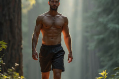 Hot & Sexy Men in the Woods Hiking. A digital art AI generated photograph of a beautiful man,handsome shirtless,and muscular,hiking on a trail in a beautiful forest with large redwood trees.