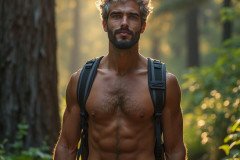 Hot & Sexy Men in the Woods Hiking. A digital art AI generated photograph of a beautiful man,handsome shirtless,and muscular,hiking on a trail in a beautiful forest with large redwood trees.