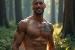 Hot & Sexy Men in the Woods Hiking. A digital art AI generated photograph of a beautiful man,handsome shirtless,and muscular,hiking on a trail in a beautiful forest with large redwood trees.
