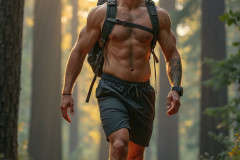 Hot & Sexy Men in the Woods Hiking. A digital art AI generated photograph of a beautiful man,handsome shirtless,and muscular,hiking on a trail in a beautiful forest with large redwood trees.