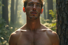 Hot & Sexy Men in the Woods Hiking. A digital art AI generated photograph of a beautiful man,handsome shirtless,and muscular,hiking on a trail in a beautiful forest with large redwood trees.