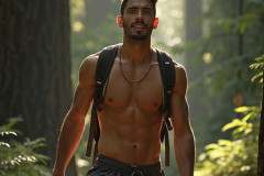 Hot & Sexy Men in the Woods Hiking. A digital art AI generated photograph of a beautiful man,handsome shirtless,and muscular,hiking on a trail in a beautiful forest with large redwood trees.