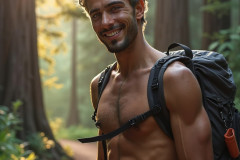 Hot & Sexy Men in the Woods Hiking. A digital art AI generated photograph of a beautiful man,handsome shirtless,and muscular,hiking on a trail in a beautiful forest with large redwood trees.