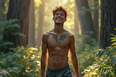 Hot & Sexy Men in the Woods Hiking. A digital art AI generated photograph of a beautiful man,handsome shirtless,and muscular,hiking on a trail in a beautiful forest with large redwood trees.
