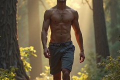 Hot & Sexy Men in the Woods Hiking. A digital art AI generated photograph of a beautiful man,handsome shirtless,and muscular,hiking on a trail in a beautiful forest with large redwood trees.