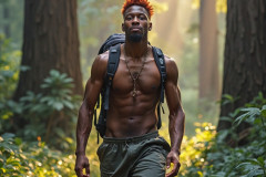 Hot & Sexy Men in the Woods Hiking. A digital art AI generated photograph of a beautiful man,handsome shirtless,and muscular,hiking on a trail in a beautiful forest with large redwood trees.