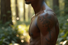 Hot & Sexy Men in the Woods Hiking. A digital art AI generated photograph of a beautiful man,handsome shirtless,and muscular,hiking on a trail in a beautiful forest with large redwood trees.