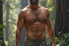 Hot & Sexy Men in the Woods Hiking. A digital art AI generated photograph of a beautiful man,handsome shirtless,and muscular,hiking on a trail in a beautiful forest with large redwood trees.