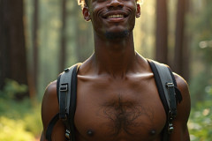Hot & Sexy Men in the Woods Hiking. A digital art AI generated photograph of a beautiful man,handsome shirtless,and muscular,hiking on a trail in a beautiful forest with large redwood trees.