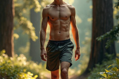 Hot & Sexy Men in the Woods Hiking. A digital art AI generated photograph of a beautiful man,handsome shirtless,and muscular,hiking on a trail in a beautiful forest with large redwood trees.