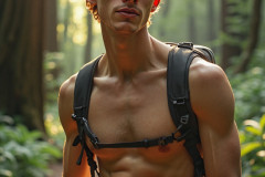 Hot & Sexy Men in the Woods Hiking. A digital art AI generated photograph of a beautiful man,handsome shirtless,and muscular,hiking on a trail in a beautiful forest with large redwood trees.