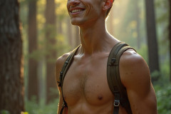 Hot & Sexy Men in the Woods Hiking. A digital art AI generated photograph of a beautiful man,handsome shirtless,and muscular,hiking on a trail in a beautiful forest with large redwood trees.