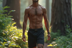 Hot & Sexy Men in the Woods Hiking. A digital art AI generated photograph of a beautiful man,handsome shirtless,and muscular,hiking on a trail in a beautiful forest with large redwood trees.