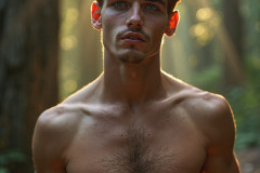 Hot & Sexy Men in the Woods Hiking. A digital art AI generated photograph of a beautiful man,handsome shirtless,and muscular,hiking on a trail in a beautiful forest with large redwood trees.