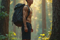 Hot & Sexy Men in the Woods Hiking. A digital art AI generated photograph of a beautiful man,handsome shirtless,and muscular,hiking on a trail in a beautiful forest with large redwood trees.