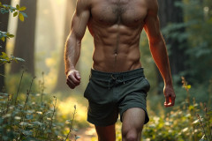 Hot & Sexy Men in the Woods Hiking. A digital art AI generated photograph of a beautiful man,handsome shirtless,and muscular,hiking on a trail in a beautiful forest with large redwood trees.