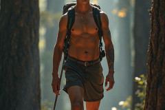 Hot & Sexy Men in the Woods Hiking. A digital art AI generated photograph of a beautiful man,handsome shirtless,and muscular,hiking on a trail in a beautiful forest with large redwood trees.