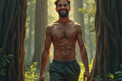 Hot & Sexy Men in the Woods Hiking. A digital art AI generated photograph of a beautiful man,handsome shirtless,and muscular,hiking on a trail in a beautiful forest with large redwood trees.