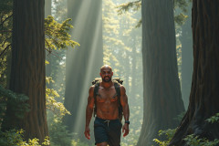 Hot & Sexy Men in the Woods Hiking. A digital art AI generated photograph of a beautiful man,handsome shirtless,and muscular,hiking on a trail in a beautiful forest with large redwood trees.