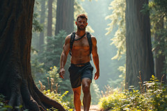 Hot & Sexy Men in the Woods Hiking. A digital art AI generated photograph of a beautiful man,handsome shirtless,and muscular,hiking on a trail in a beautiful forest with large redwood trees.