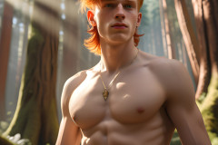 Hot & Sexy Men in the Woods Hiking. A digital art AI generated photograph of a beautiful man,handsome shirtless,and muscular,hiking on a trail in a beautiful forest with large redwood trees.